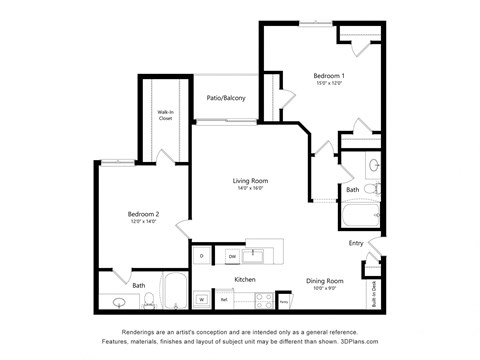 Floor plan for 2 beds, 2 baths, 1246 sqft